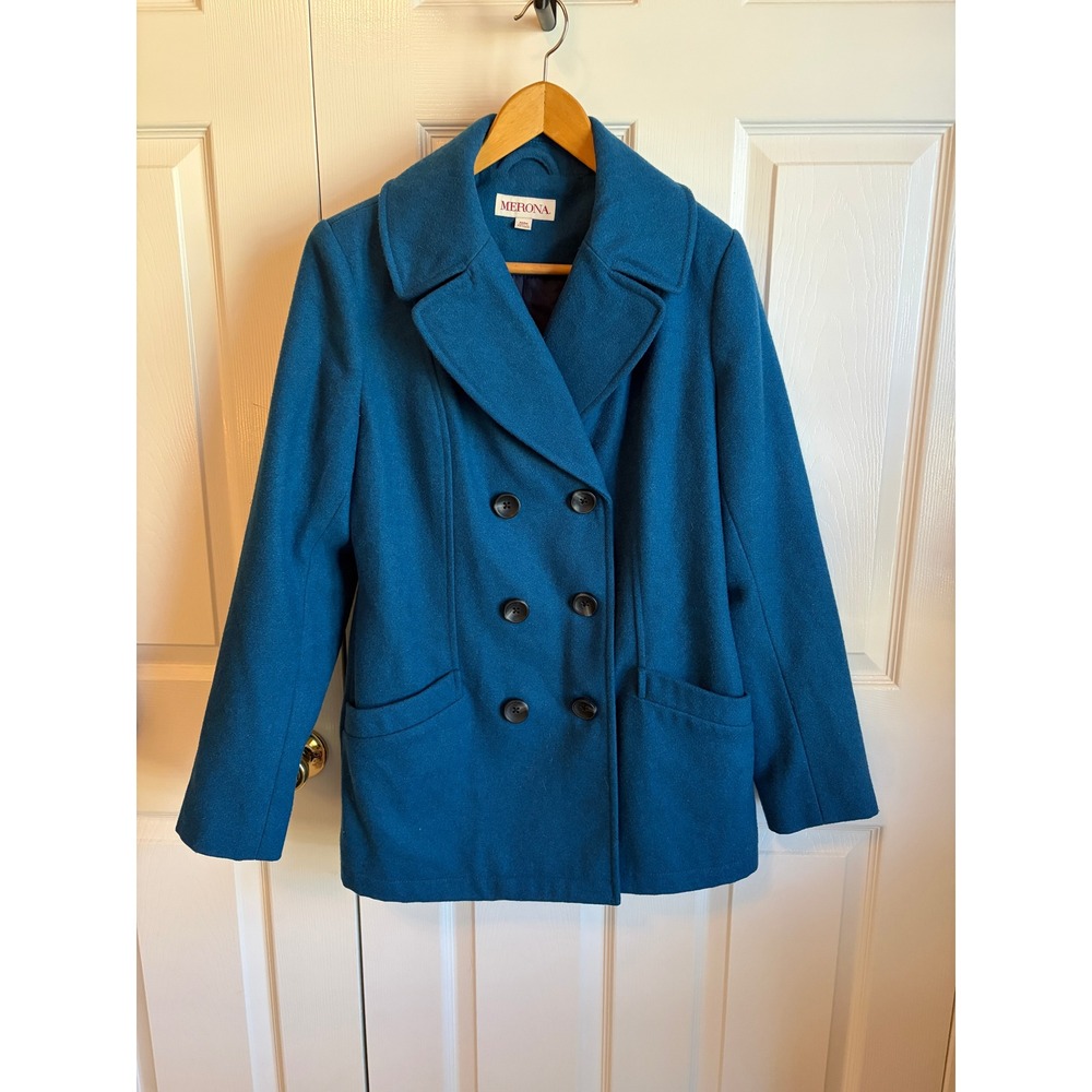 Merona Teal Blue Wool Blend Double Breasted Pea Coat Jacket Womens Medium